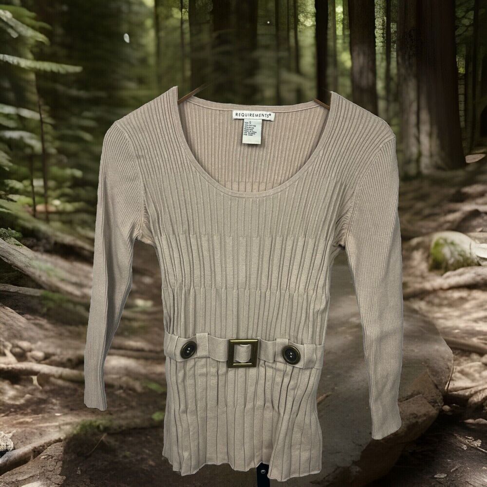 Requirements Sweater Scoop Neck Elbow Sleeve Pullover Top Faux Belt Beige‎ Small